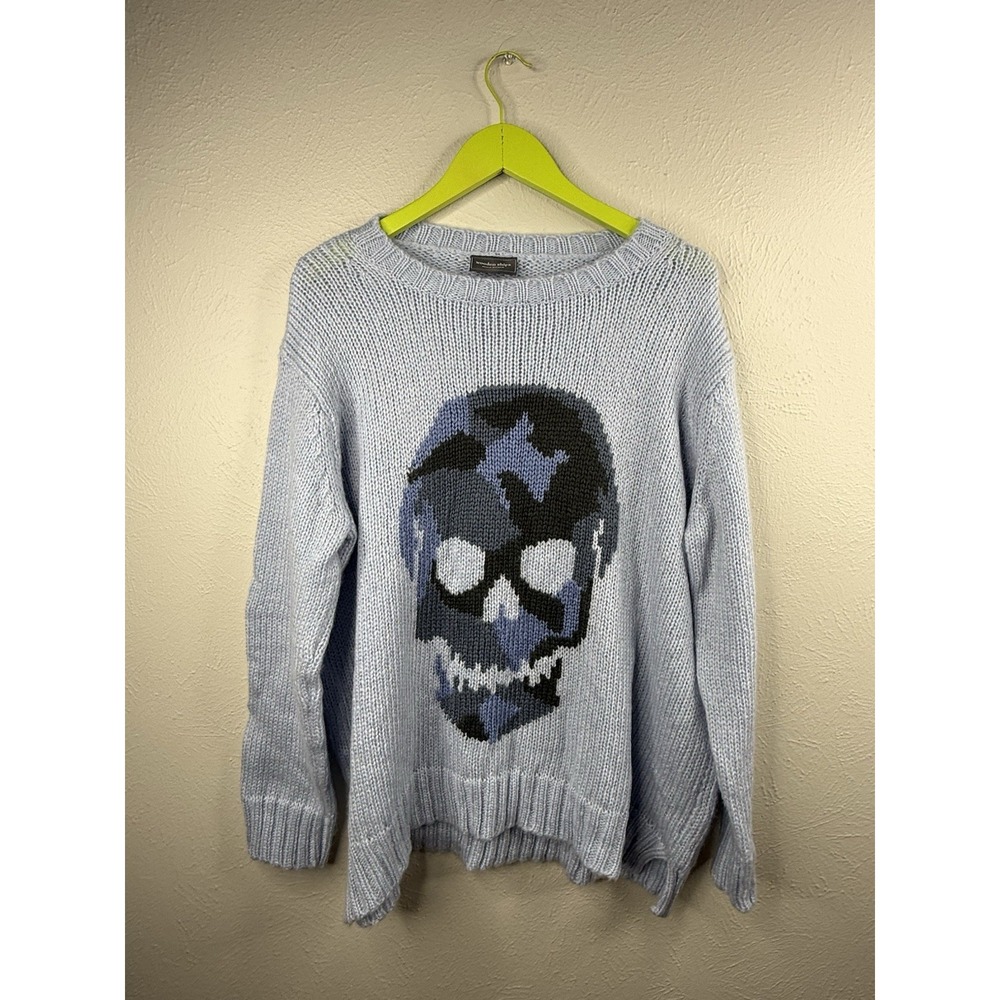 Wooden Ships Paola Buendia Sweater Top Mohair Wool Open Knit Skull Blue Size S M